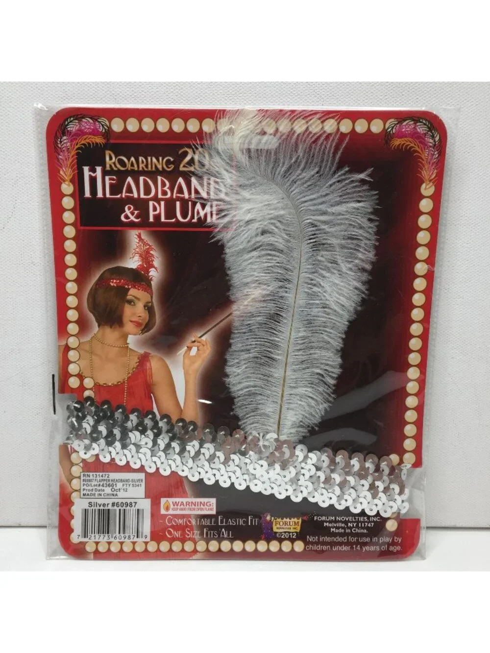 Halloween Roaring 20s Silver Sequin Headband White Plume Flapper Showgirl Vegas